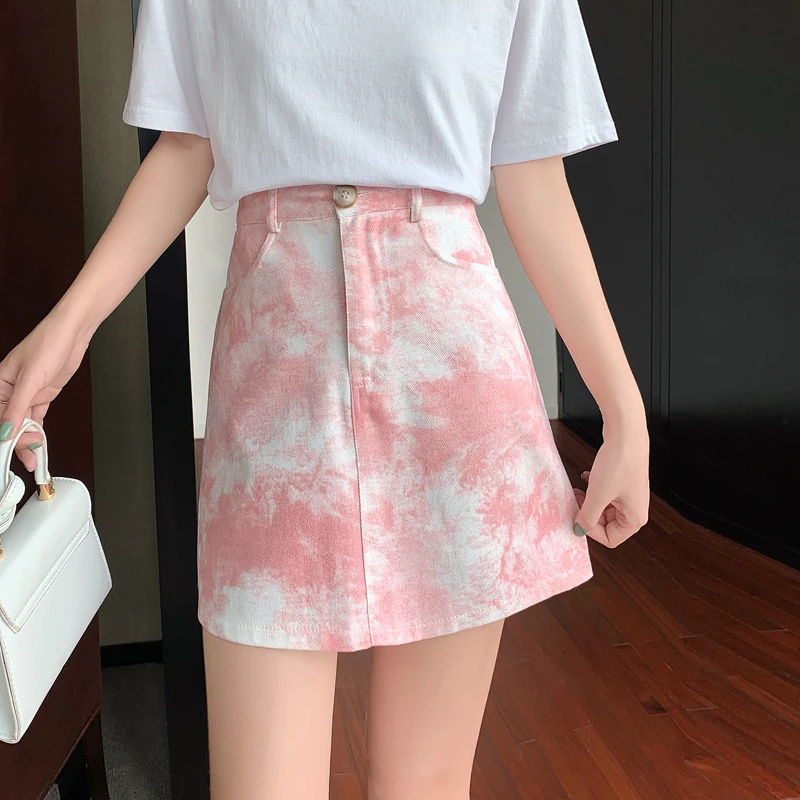 

Fashion Pink Tie-dye Skirts Women 2021 New High Waist Cow Print Denim Skirt Female Korean Fashion Dot Jean Mini Skirt S-XL