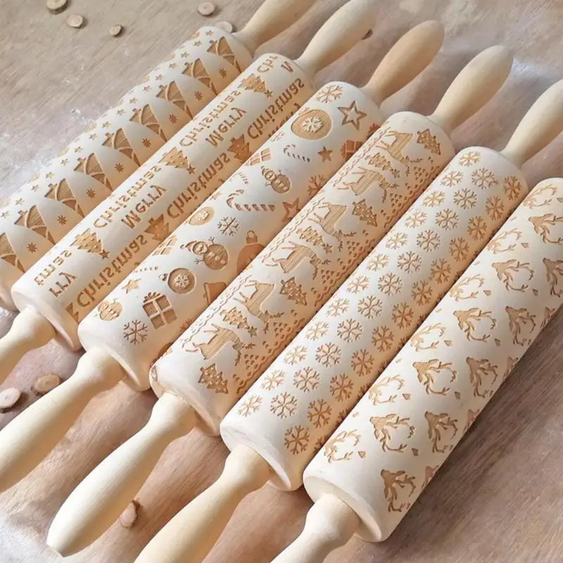 

35x4.5cm Christmas Rolling Pins Rock Snowflake Elk Wooden Rolling Embossing Baking Cookies Biscuit Fondant Cake Patterned Roller