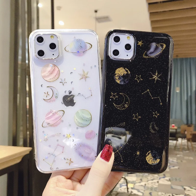

Epoxy glitter planet transparent phone case for iPhone 12 11 Pro Max XS Max XR X 6 6S 7 8 Plus SE soft silicone protective cover