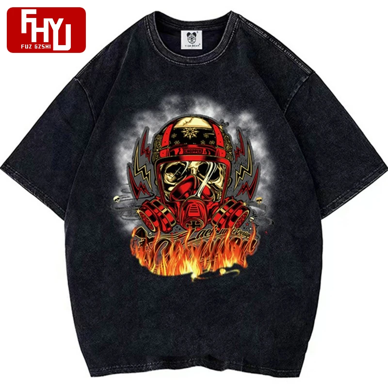 

Футболка Мужская/Женская хлопковая свободного покроя, с рисунком пламени, черепа, огня, уличная одежда в готическом стиле, панк, с коротким р...