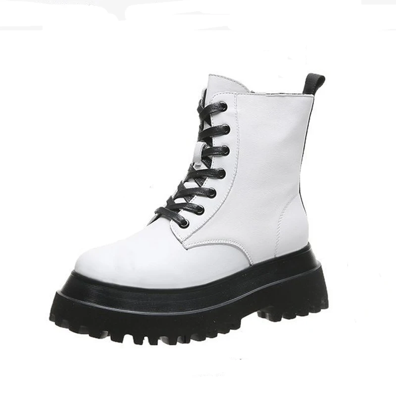 

2020 White Color Soft PU Leather Ankle Boots Women Platform Motorcycle Booties Female Autumn Winter Shoes Woman Short Boots