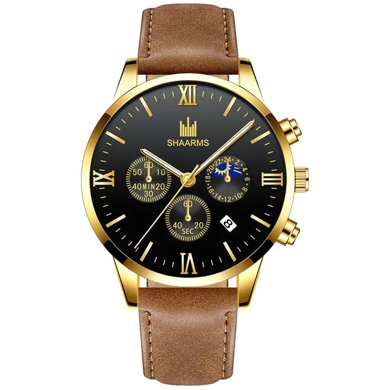 Модные мужские коричневые часы кожаный ремешок из нержавеющей стали Кварцевые