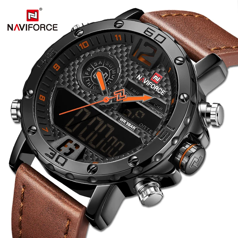 

NAVIFORCE Watch for Men Luxury Brand Military Dual Display Digital Sport Quartz Wrist watch Leather Waterproof Analog Clock 9134