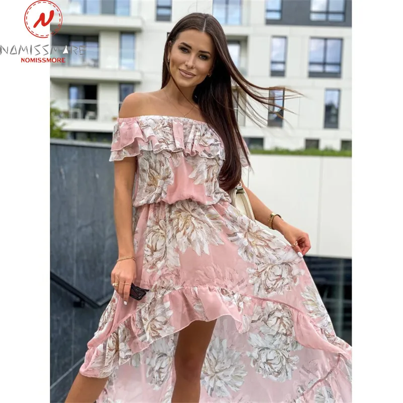 

Платье женское летнее с принтом, уличная одежда, асимметричный дизайн, оборки, Декор, воротник-лодочка, короткий рукав, эластичная талия сре...