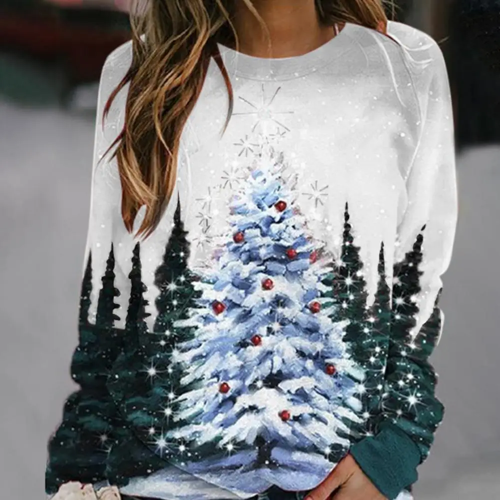 

Dropshipping Christmas Tree Print Patchwork Pullover Sweatshirt Long Sleeve O-Neck Stretchy Xmas Blouse Outerwear