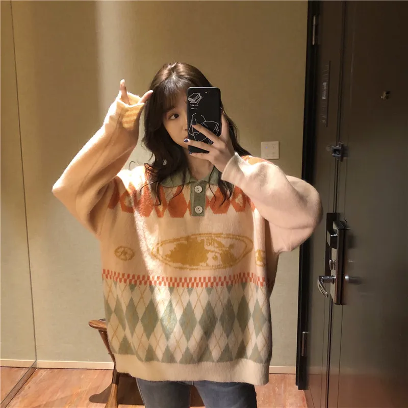 Playful Cartoon Puppy Jacquard Pullover Autumn Fashion Women's Contrast Rhombus Plaid Lapel Knit Warm Sweater | Женская одежда