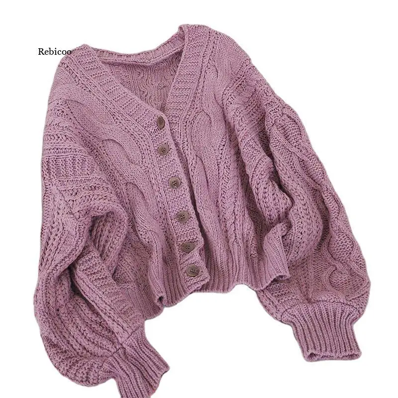 

Women's Cardigan Korean Style The Retro Solid Color V-Neck Knitted Cardigan Loose Short Twist Sweater Coats Autumn Winter New