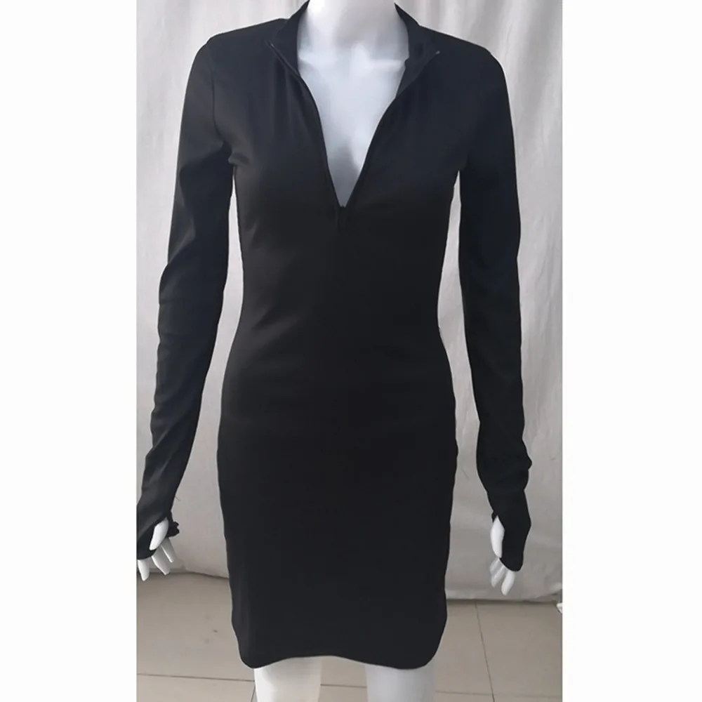 

BacklakeGirls Winter Women's Dress Trendy New Long Sleeve V Neck Sexy Cocktail Dress Zipper Up Sexy Slim Wrapped Hip Mini Dress