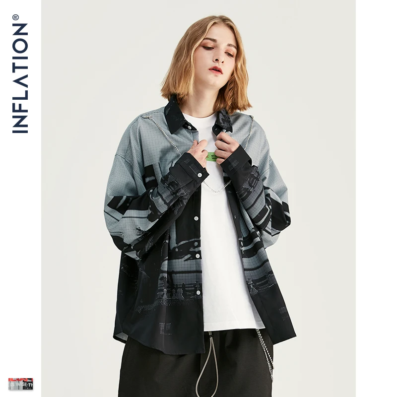 Inchaiton FW Новая мужская рубашка Harajuku Хип Хоп с длинным рукавом мужские рубашки с цифровой печатью свободная Мужская Повседневная рубашка бренд 92139W
