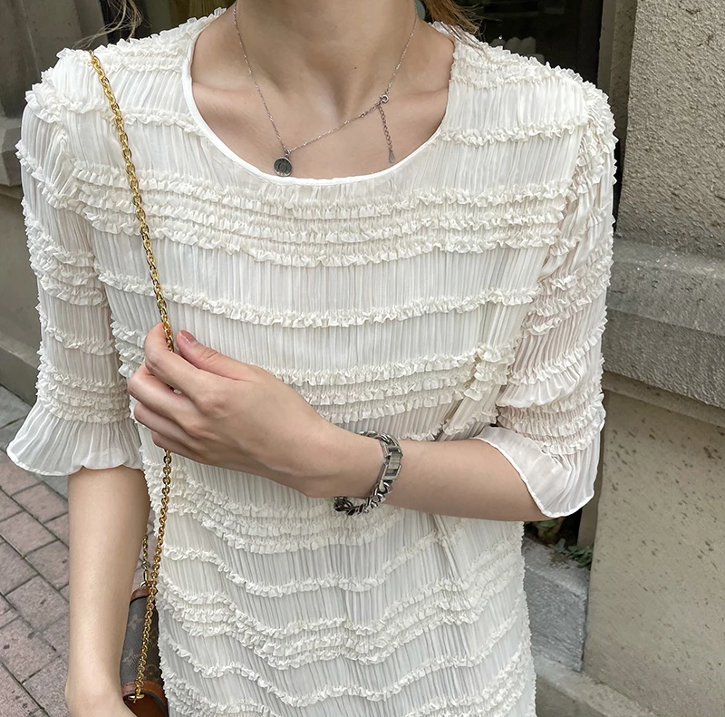 

Women's Simple Elegant Pleated Round Neck Midi Dress 2021 Summer French Temperament Slim Mid-Length Dress with Ruffles Clothing