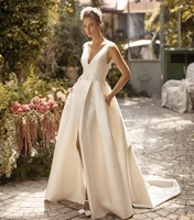 2020 new satin wedding dresses v neck sexy bridal dress front split bohemian wedding gowns custom made vestidos de noiva