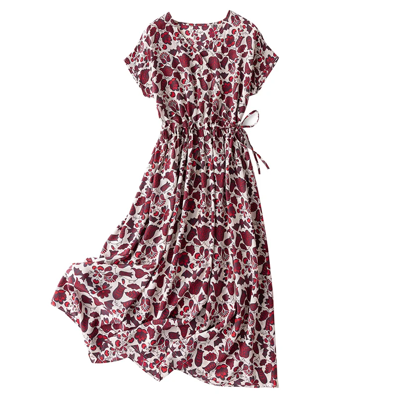 

Women's 100% Silk luxury Fashion Heavy Long Dress Elegant V-Neck bat flowers Prints One Size L1133