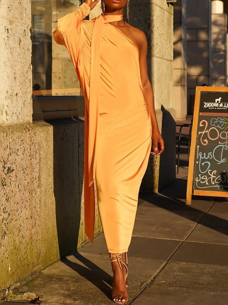 

Linglewei New Spring and Summer Women's Dress Loose one shoulder long sleeve hanging irregular dress