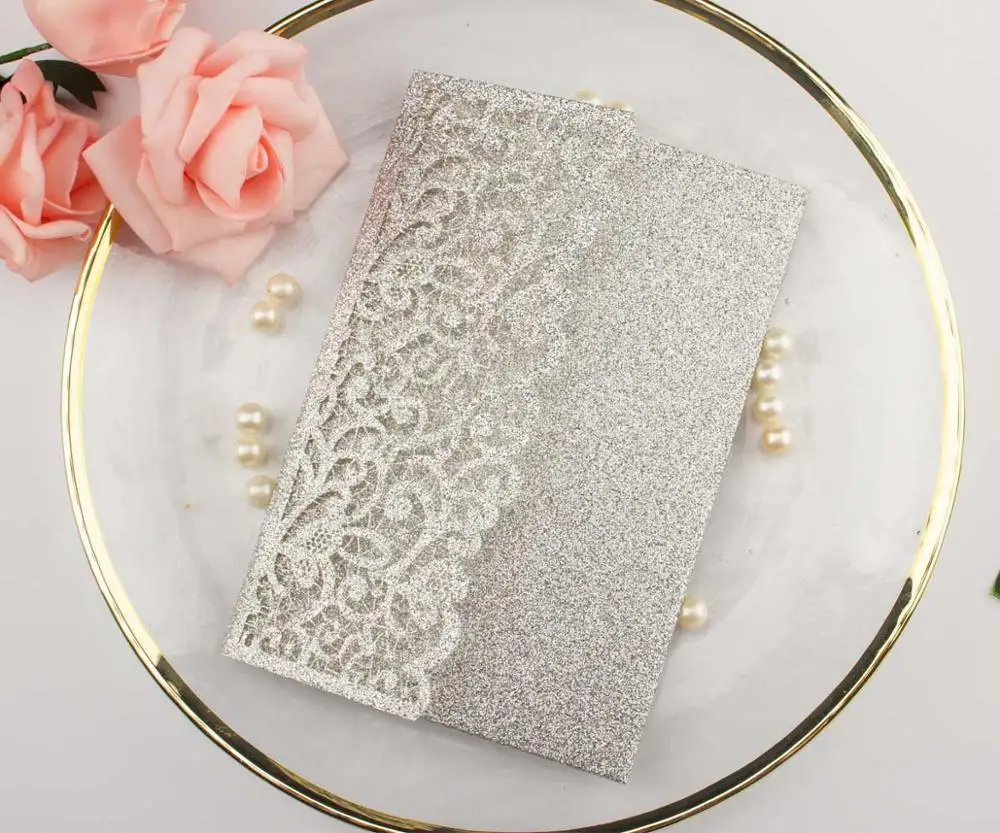 silver glitter 50X Роскошные блестящие золотые свадебные приглашения конверт персонализированные вставки Роза лазерная резка карман складной пригласите - Цвет: silver glitter