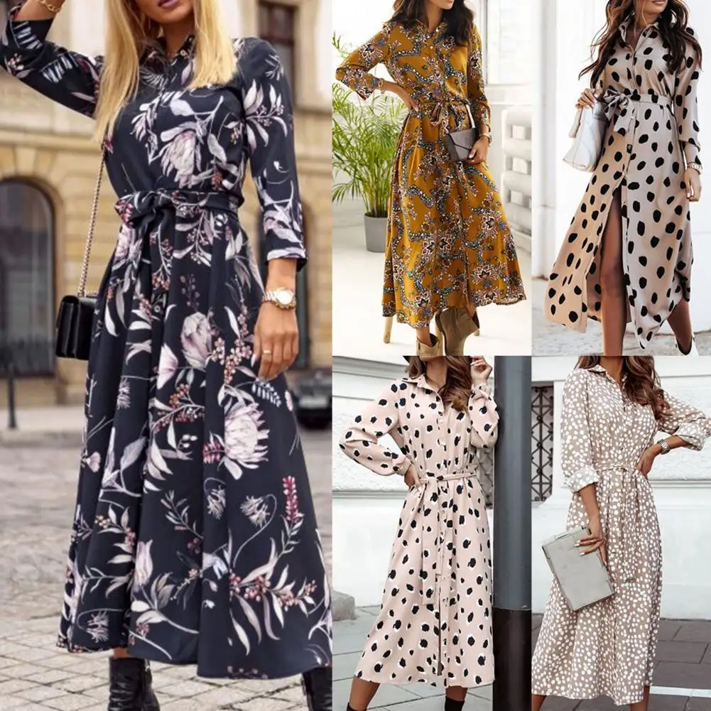 

HOT SALES!!! Shirt Dress Polka Dots/Floral Print Long Sleeve Spring Women Single-breasted Belt Maxi Dress for Party