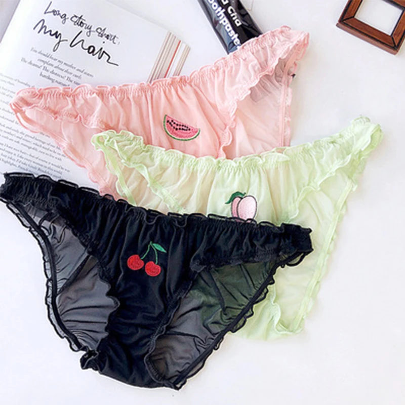 

Women Sexy Lace Lingerie Temptation Low-waist Panties Fruit Ins Embroidery Transparent Briefs Seamless Sweet Underwear