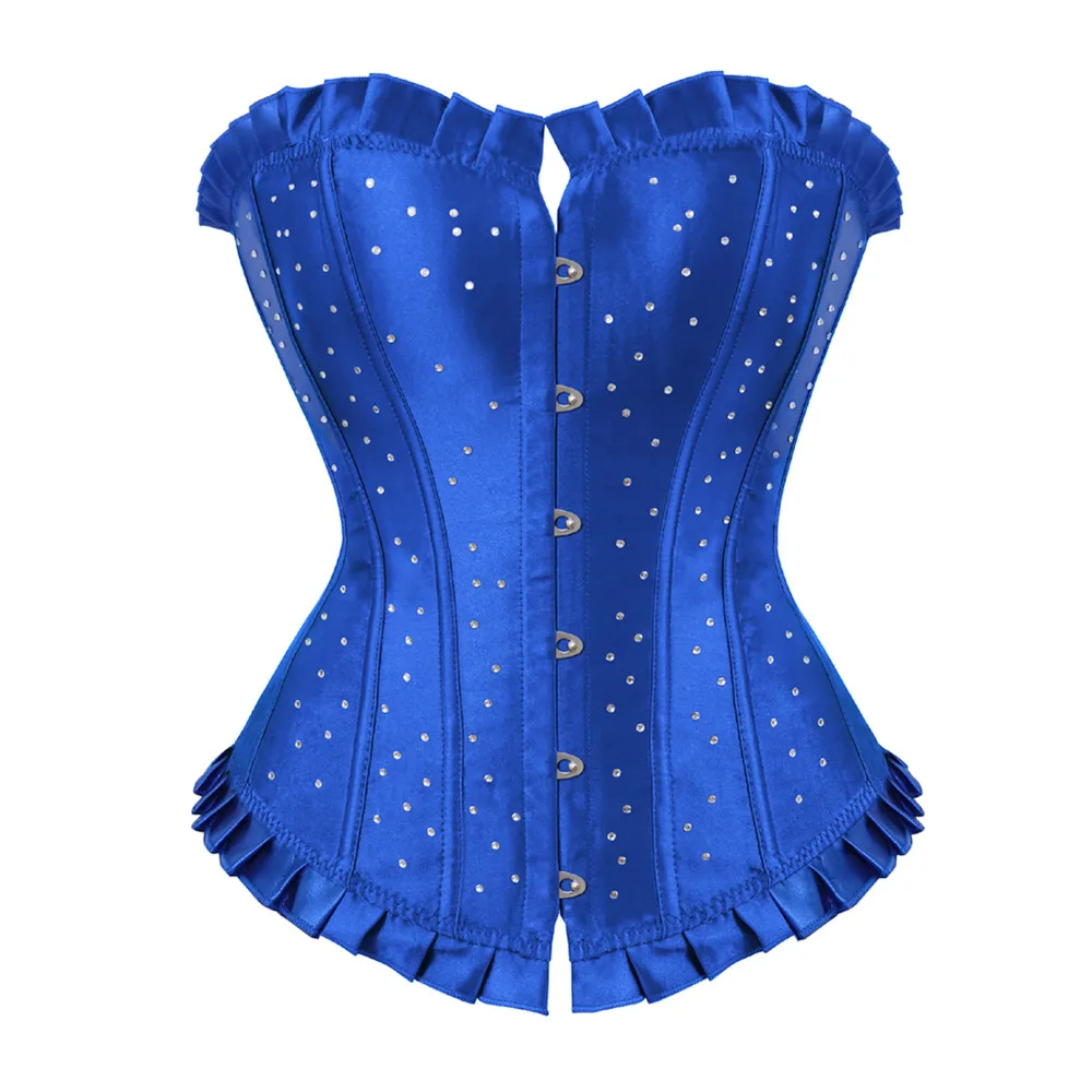 

Women Vintage Lace up Boned Overbust Corset Bustier with Rhinestone Satin Costume Showgirl Top Corselet Lingerie Plus Size S-6XL