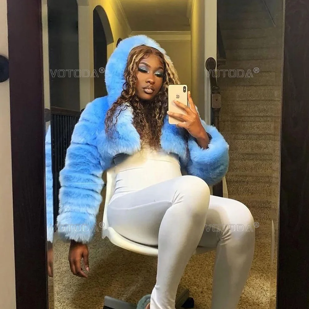 2021 Fashion Winter Women Faux Fur Crop Coats Long Sleeve Fluffy Zip Hooded Female Warm Furry Short Jacket Women Fluffy Top Coat