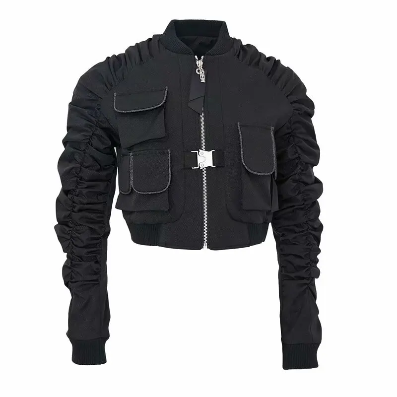 

Autumn Winter Spring Women New Long Sleeve Round Neck Short Jacket Motorcycle Style Zipper Bla Y934