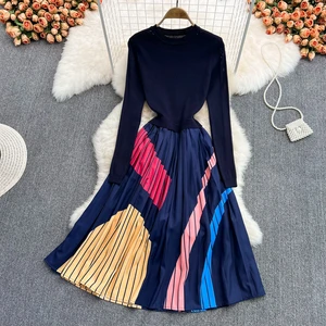 Color Contrast Knitting Sweater Pleated Dress Women Geometric Print O Neck Long Sleeve Patchwork Autumn Winter Long Dress M69536