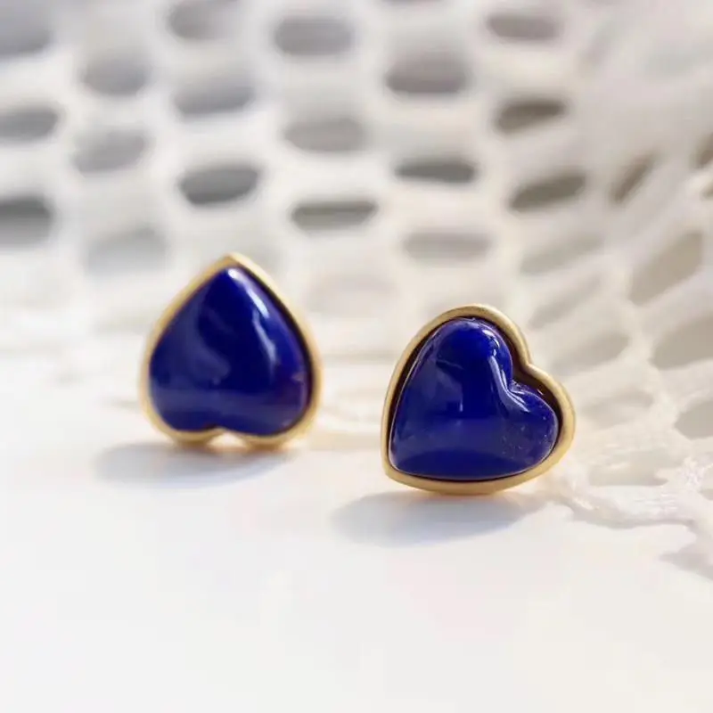 

"Classic Peach Heart" Natural Afghan Lapis Lazuli Stud Earrings Sterling Silver Inlaid Heart-Shaped Earrings Female Elegant