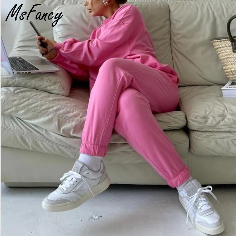 

Msfancy Fall Pant Suits Women Pink Hoodies Lantern Sleeve O-neck Oversized Tops Elastic Waist Trouser 2 Piece Sets Female Outfit