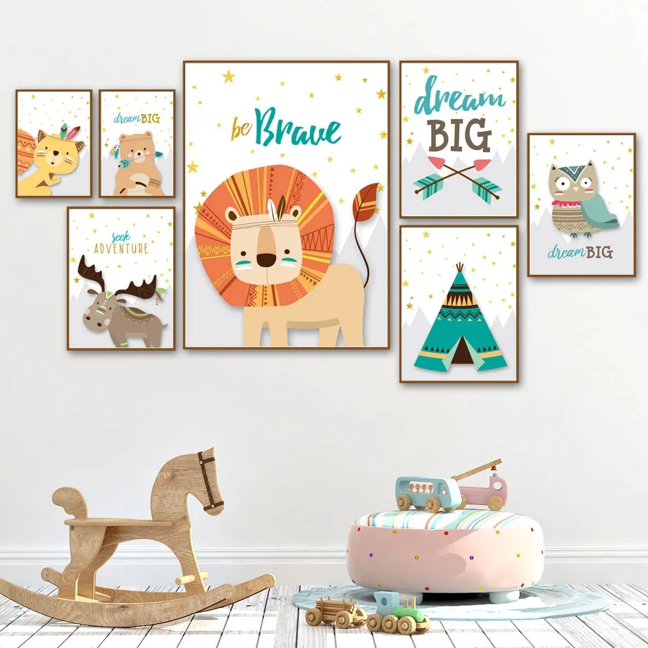 

Bear Fox Lion Owl Raccoon Tent Dream Quotes Nordic Posters and Prints Wall Art Canvas Painting Wall Pictures Kids Room Decor