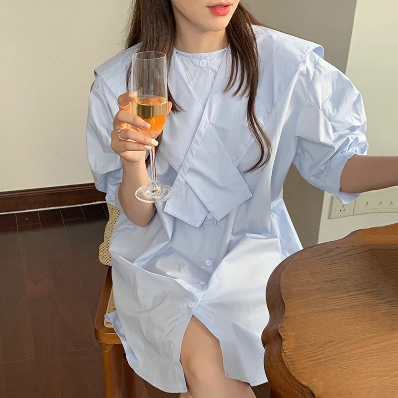 Корейское шикарное свободное однобортное платье рубашка молочного цвета с