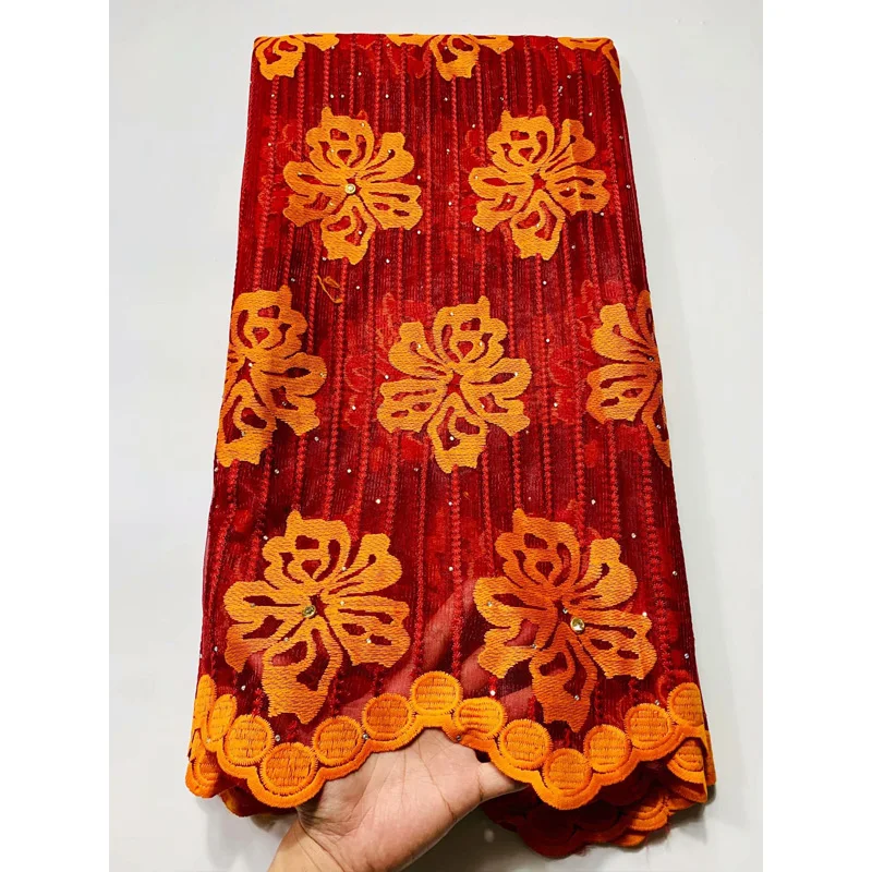 

5yards Red and gold Nigerian Sequins Lace Fabric Nigerian Lace Fabric Embroidery African Tulle French Lace Materials For wedding