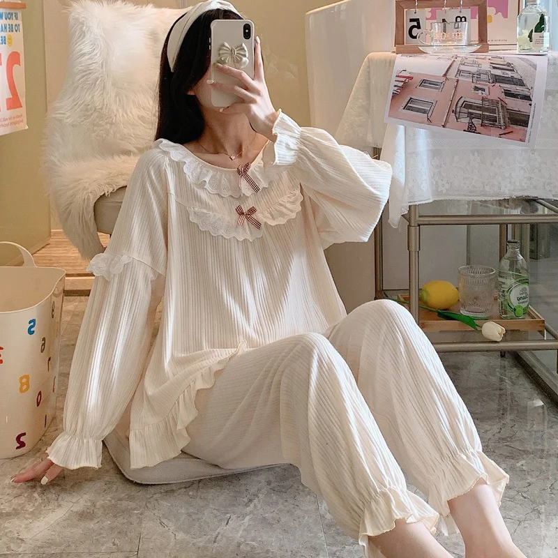 

JRMISSLI Autumn Soft Girls Pajamas Set Korean New Loose Leisure Sleepwear Cute Princess Women Nightwear Shirt Homewear Clothes