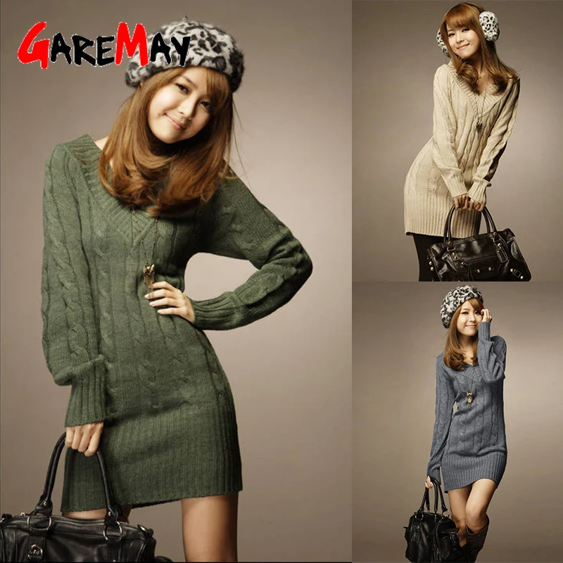 Plus Size Sweater Dress Female Winter Warm Thick Coarse Knitted Long Sleeve Elastic Bodycon Ladies Jumper | Женская одежда