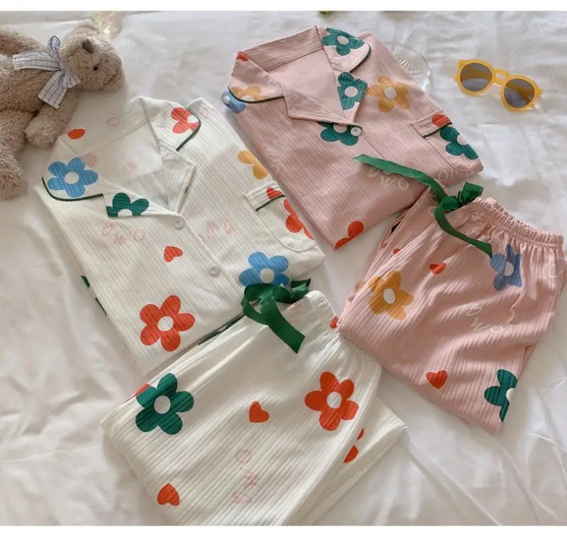 

Women Fashion Loose Cotton Lapel Long Sleeve Cute Sweet Printed Pajamas Set Long Sleeve Home Service 2/ Pce Set