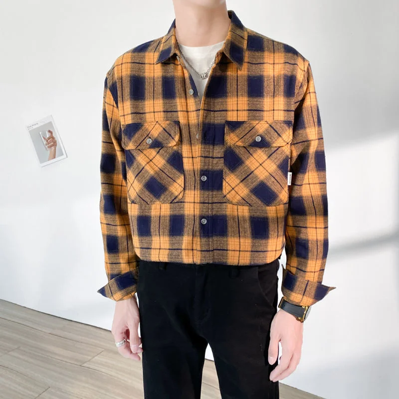 

Мужская однобортная рубашка в клетку, Повседневная Свободная утепленная рубашка в клетку, с длинными рукавами и воротником с лацканами, Осе...