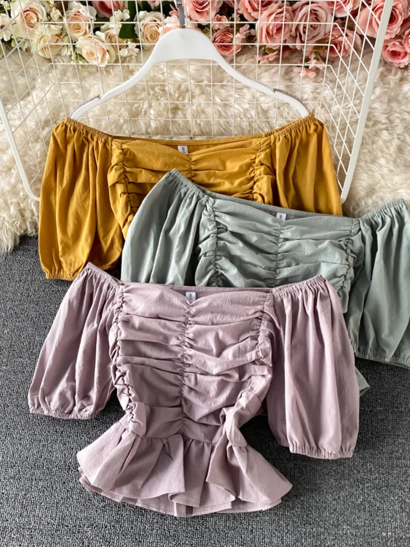 

Fashion 2021 New French Square Neck Chic Puff Sleeve Top Age Reducing Sweet Navel Hollow Out Short Shirt Chest Pleated Blouse