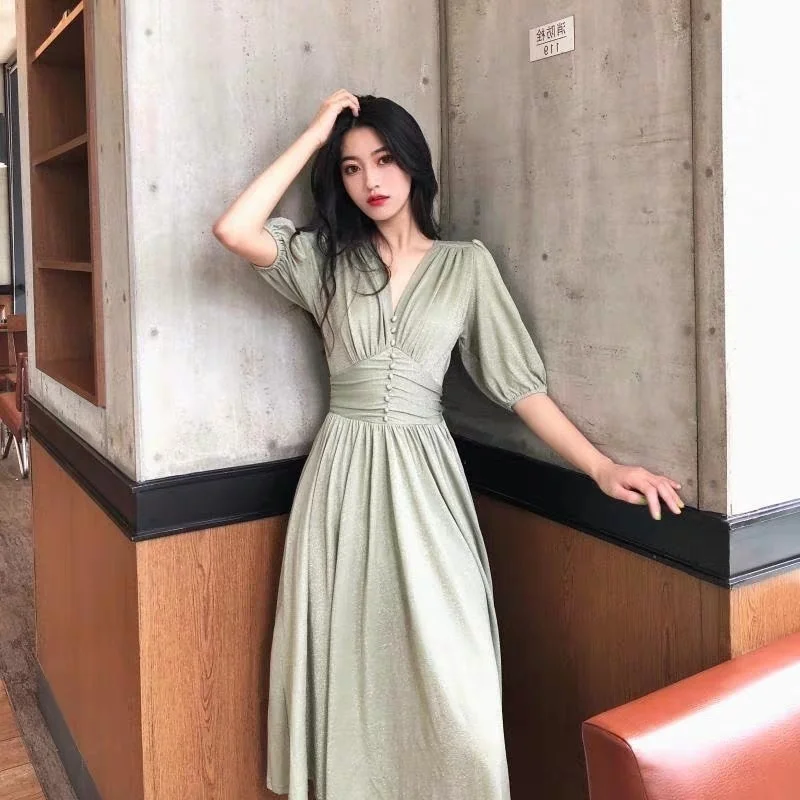 

Lightly Mature Dress Waist-Controlled Slimming Yamamoto French Style Adult Lady like Woman Matcha Green Retro Zhixun