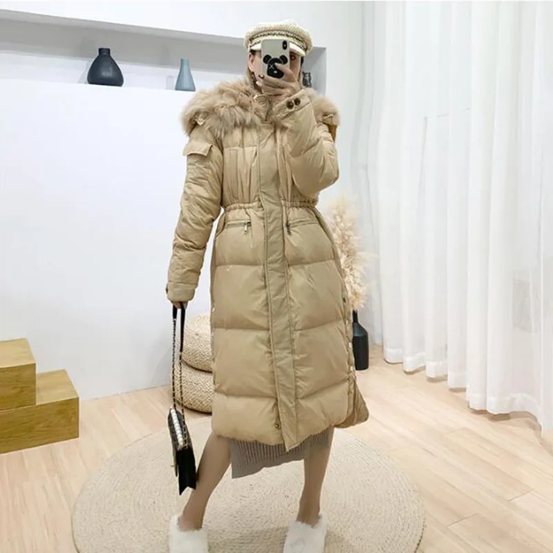 Женский пуховик с большим воротником из натурального Лисьего меха теплый на