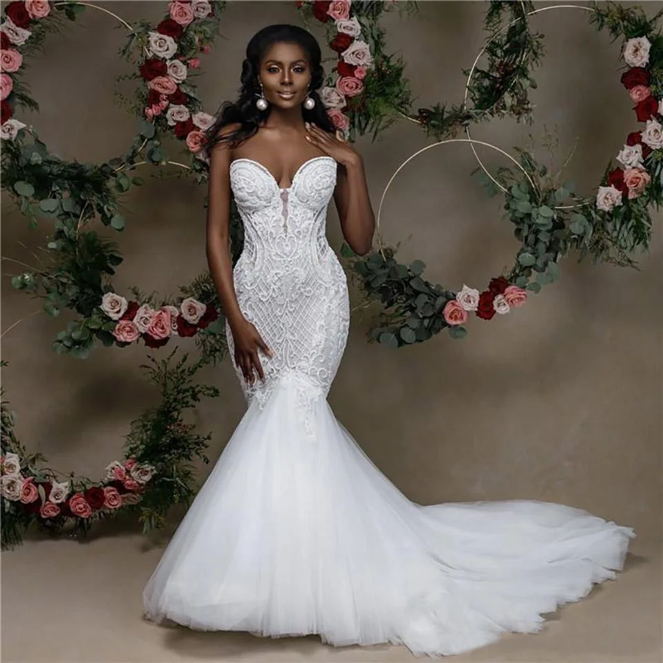 

African Mermaid Wedding Dress Sweetheart Strapless Lace Beaded Wedding Gowns Black Bride Dress Applique Sereia Dress