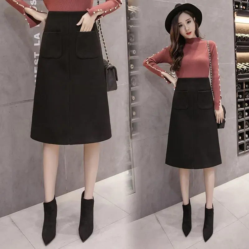 

Women 2020 Winter New Fashion Woolen Mid-long Skirts Female High Waist Casual Skirts Ladies Solid Color Thick Warm Skirts M275