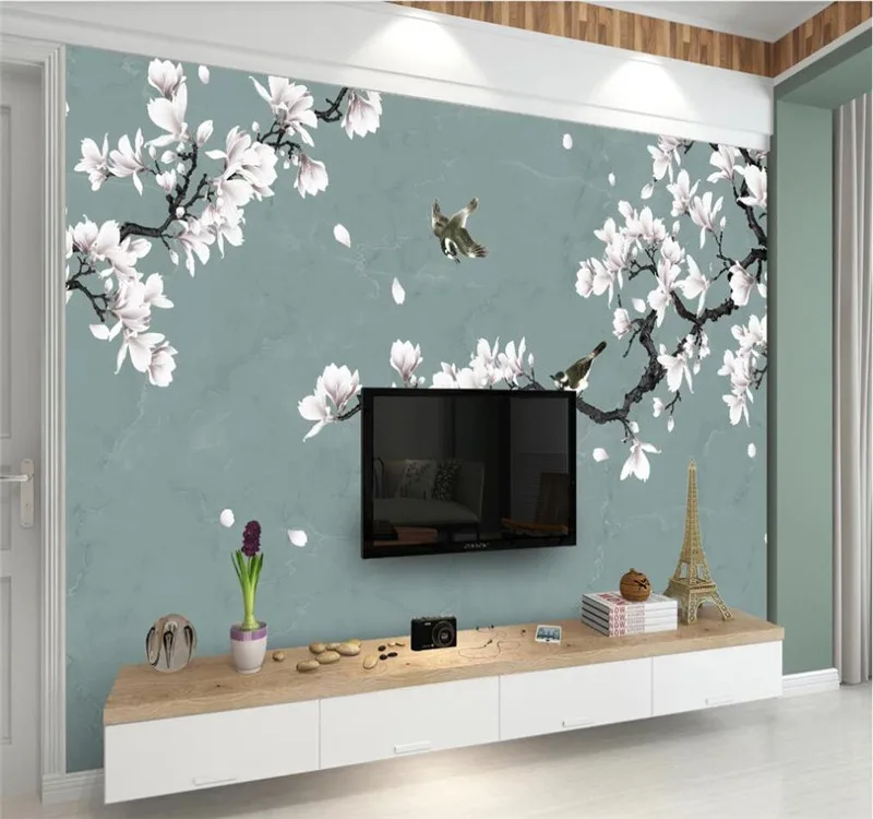 

XUE SULarge custom home decoration wallpaper mural white magnolia hand-painted flowers and birds new Chinese background wall