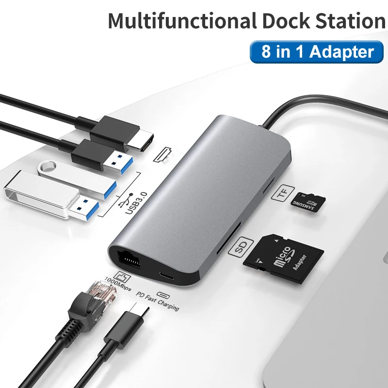 Usb хаб 8in1 Thunderbolt 3 Тип C адаптер док станция с 2 портами (стандарт 0 Порты и разъёмы 4K
