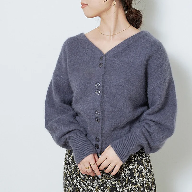 

V-neck Soft Sweater Cardigan Jacket Thin Female 2021 New Spring and Autumn Cashmere Mohair Short Slim Long Sleeve Jacket