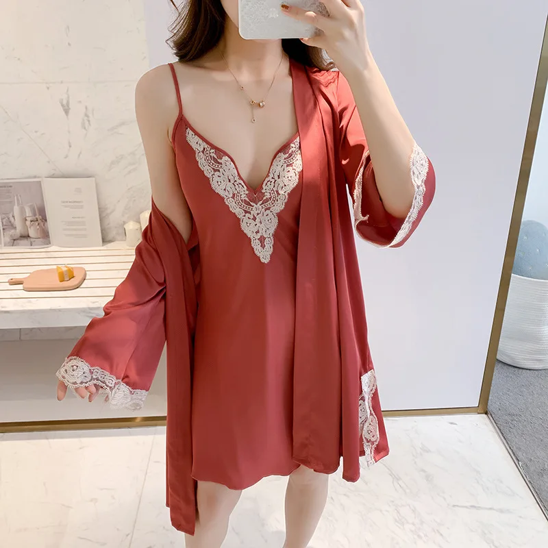 

Luxury Sleepwear Robe Sets Sexy Ice Silk Bathrobe Pajama Set Dressing Gown Women Embroidery Applique Silky Homewear