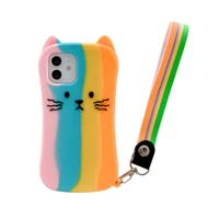 easterm 3d 12pro cat cute silicone rainbow phone case with wrist band cover for 12 promax 12 11pro 11 promax xsmax 11 xs xr 8p 7