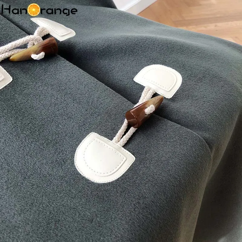 

Horn Buckle Faux Cashmere Coat Loose Double-Faced Woolen Outwear Women Loose Short-Height Female Overcoat Pockets Drop-shoulder