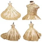 Золотистые платья в стиле ретро с цветочным принтом для девочек на свадьбу, новинка на заказ, пышное платье без рукавов и с аппликацией, платья для святой причастия