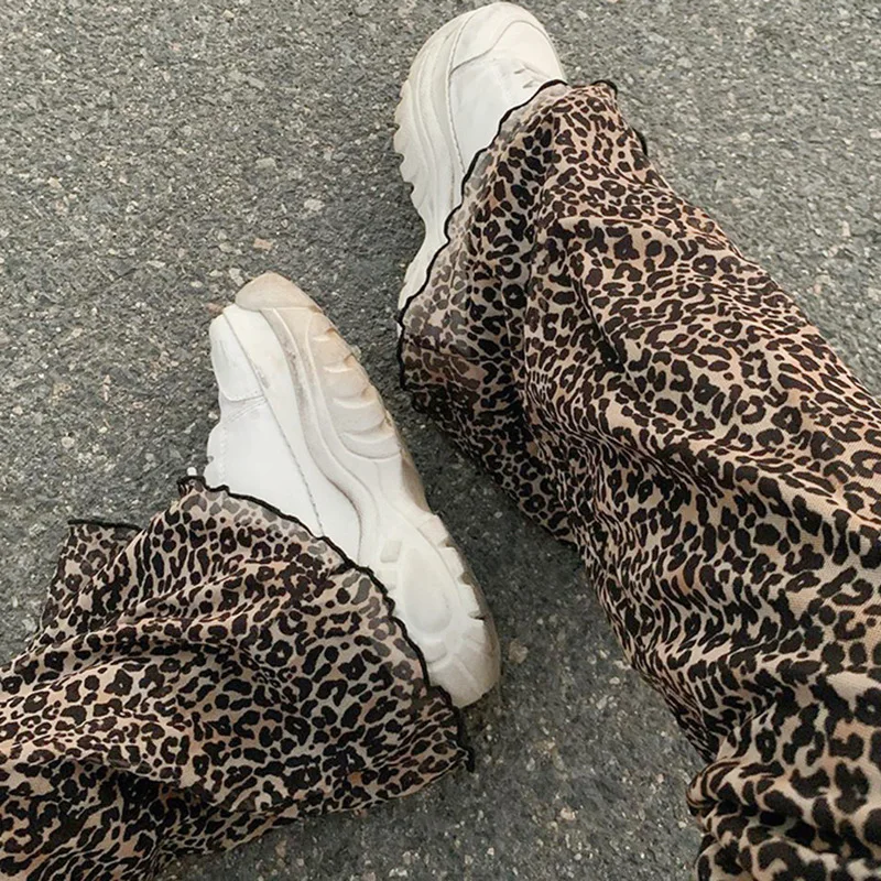 Женские леопардовые брюки-джоггеры коричневые расклешенные брюки с высокой