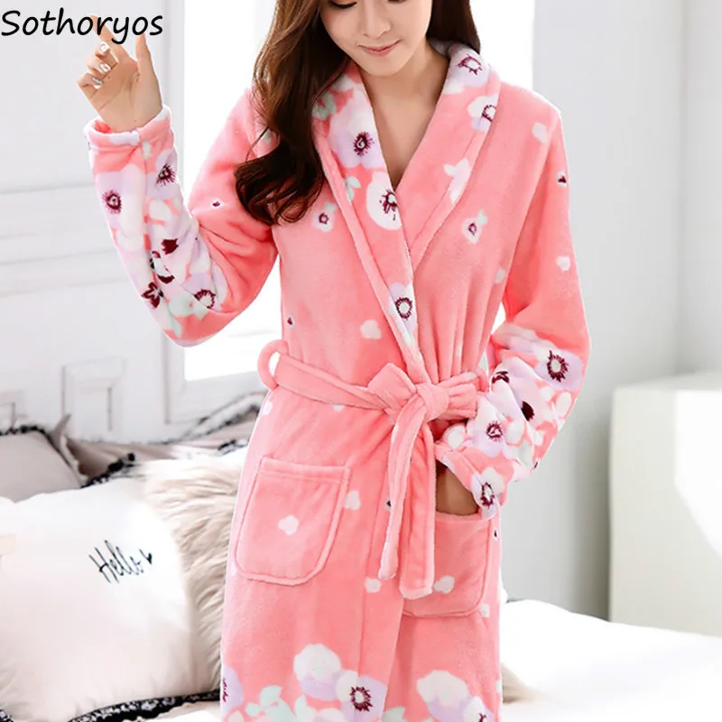 

Women Robes Thickening Flannel Casual Print Fashion Chic Harajuku Ulzzang Daily Hot Sale Winter Warm Baggy with Belt Bath Robe