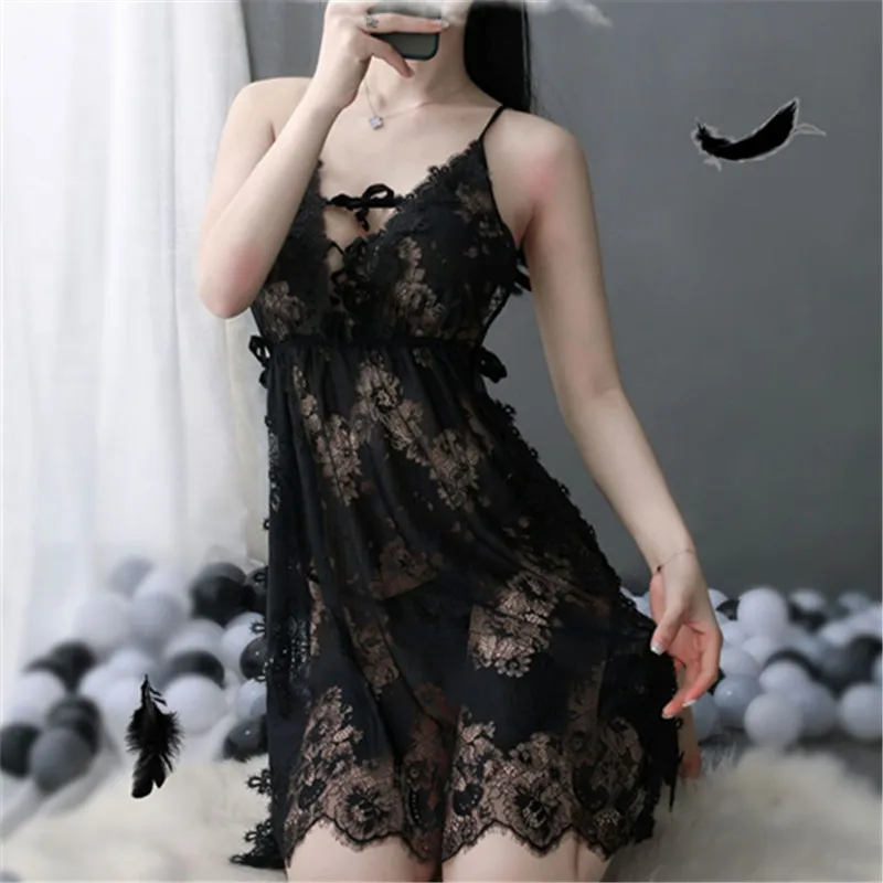 

NEW Floral Hollowed Out Lace Nightdress Womens Nightgown Sleepwear Lingerie Dress Spaghetti Strap Sleeping Dress with Thongs