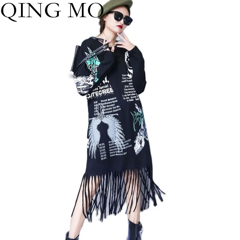 

Женское вязаное платье с бахромой QING MO, Осеннее свободное черное платье большого размера с буквенным принтом, ZWL1081, 2021