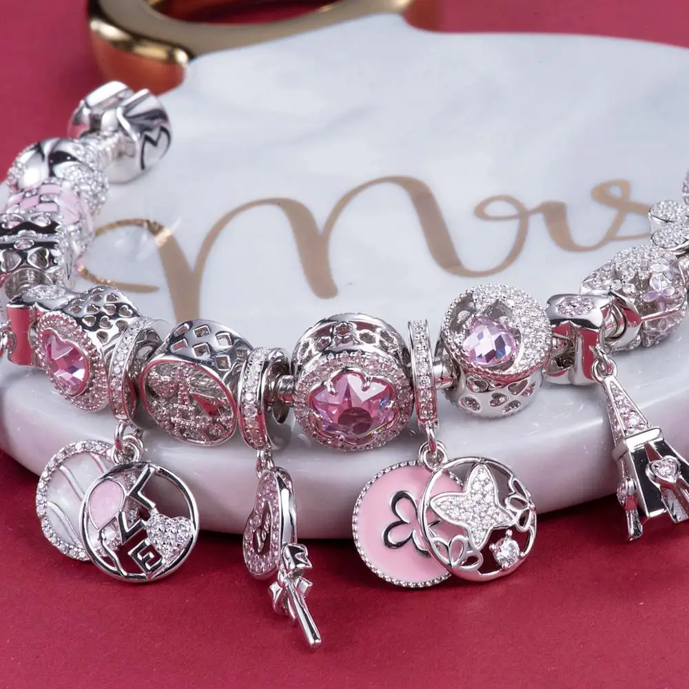 Видео! Розовый цветок бабочки танцевальные 925 пробы Серебряные Подвески подходят